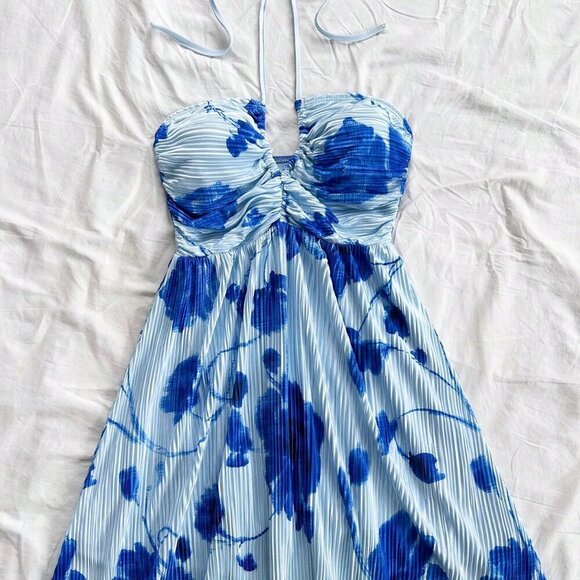 Blue Boho Women's Vacation Tie Dye Floral Print A-Line Bow Tie Mini Dress - Picture 3 of 5